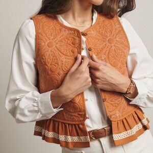 Quilted Peplum Vest with Lace Trim in Terracotta | Western Boho